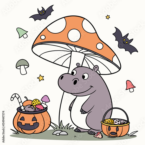 Cute Loving Hippo, accessorized with under a mushroom, in a Halloween world – Spooky Fun palette vector