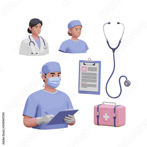 Healthcare professionals illustration with medical equipment

