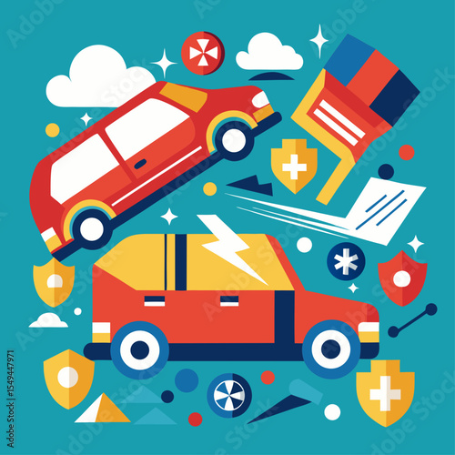 Abstract Car Accident Illustration with Insurance Policy and Protection Symbols