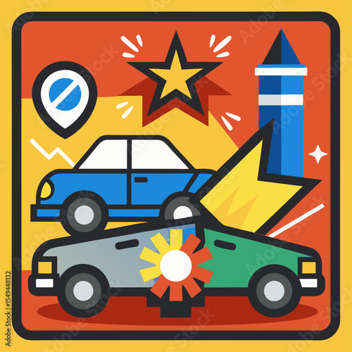 Cartoon Car Crash Accident Illustration with Location Pin and Star