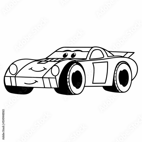 Cartoon Race Car with Smiling Face for Coloring Book or Activity Page