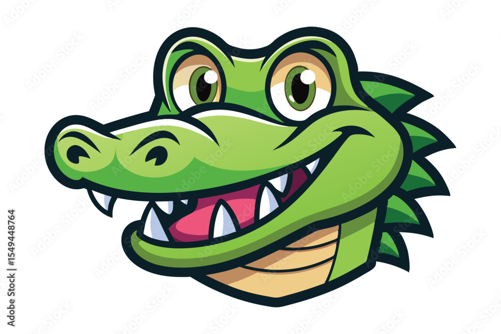 Fototapeta premium Smiling green cartoon alligator showing teeth with a cute friendly look