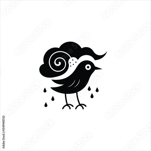 A black bird standing under a rain cloud in a minimalist illustration