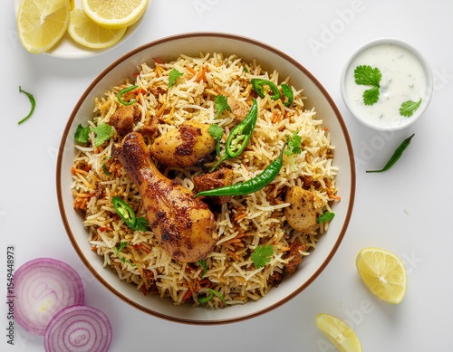 a bowl full of homemade Indian chicken pulao garnished with green chillies and coriander, raita, salad.