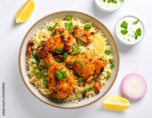 Indian chicken rice served with raita and onions.