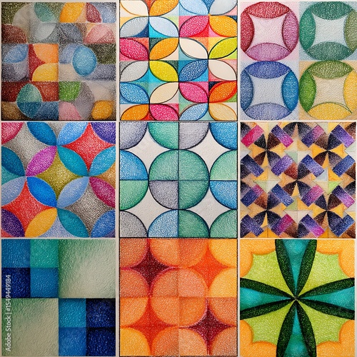 pencil drawings, geometric patterns, circles, drawings, rhombus, kites shapes, colorful, multi color, pattern, mosaic, texture, art, fabric, design, decoration, tile, color, .