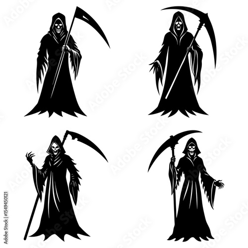 Four grim reapers in black cloaks holding scythes in various poses on a white background design art