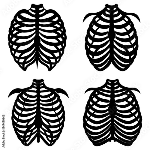Four anatomical rib cages arranged in a square pattern on a white background in black silhouette