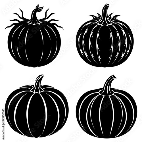 Four stylized black and white pumpkins with different stem and leaf designs in a square arrangement