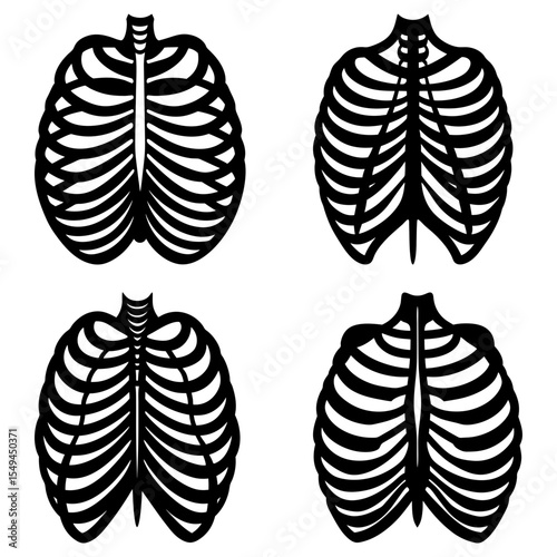 Four stylized rib cage illustrations in black and white showing anatomical skeletal structures and bone design