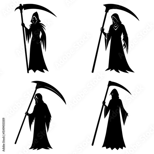 Four grim reaper silhouettes holding scythes in a black and white vector illustration design art