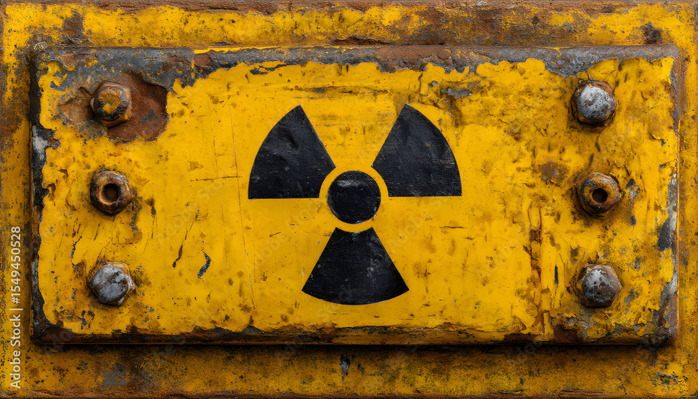 Fototapeta premium Square yellow sign features radiation symbol, warning radioactive materials. Old rusty metal board with bolts. Indicates danger, nuclear hazard