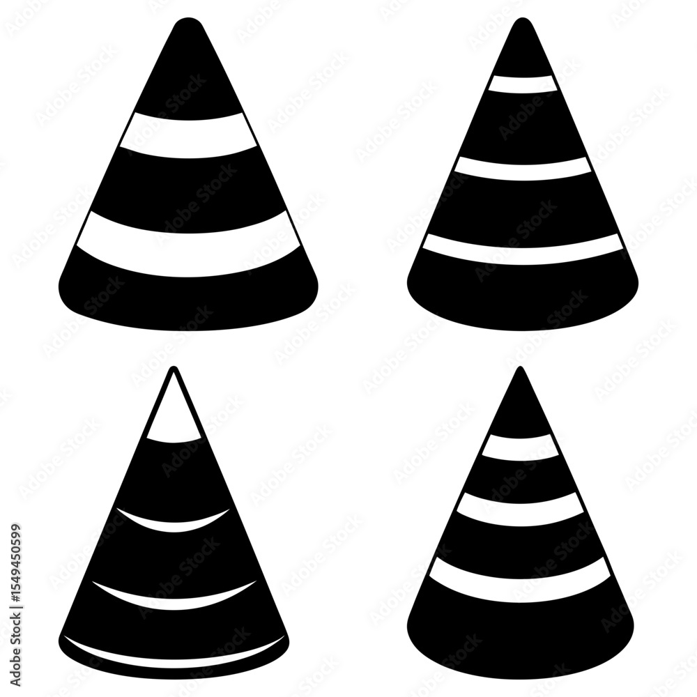 Four black cones with white stripes in varying arrangements on a white background, simple illustration Four black cones with white stripes in varying arrangements on a white background, simple illustration