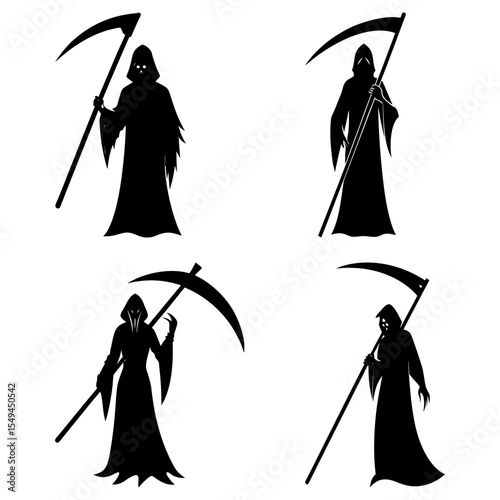 Four grim reaper figures in black silhouette holding scythes on a white background showing death concept