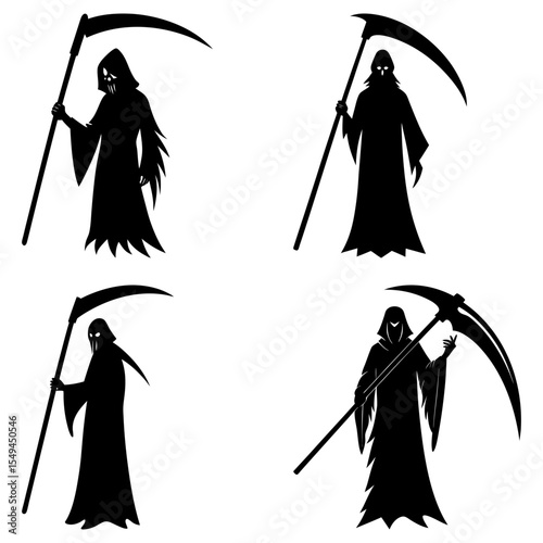 Four grim reaper silhouettes in various poses holding scythes on a white background vector illustration