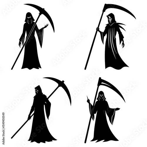 Four grim reaper silhouettes with scythes in various poses on a white background illustration art