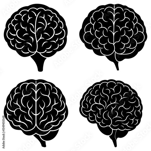 Four stylized human brains in black silhouette showcasing anatomical structure and cerebral complexity here