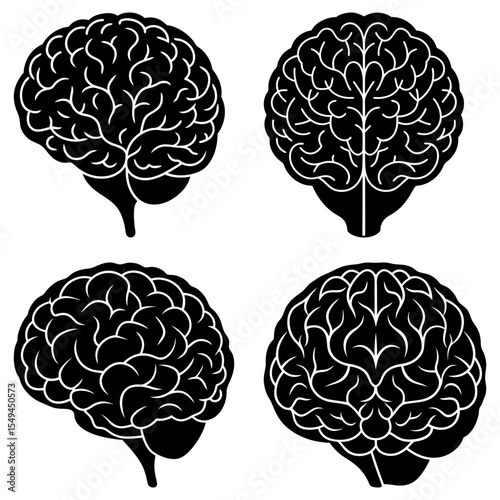 Four black brain illustrations with detailed convolutions and anatomical structure shown on white background