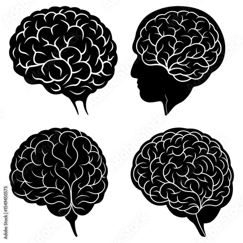 Collection of four stylized human brain illustrations in black and white showing different perspectives