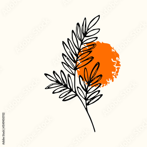 Minimilist black outline of a fern branch with leaves against an orange textured circle on a cream background vector