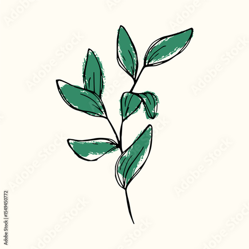 Minimilist illustration of a botanical stem with green leaves and black outline on a light background image vector