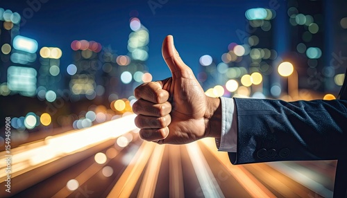 Thumbs Up Gesture Against City Night Lights
