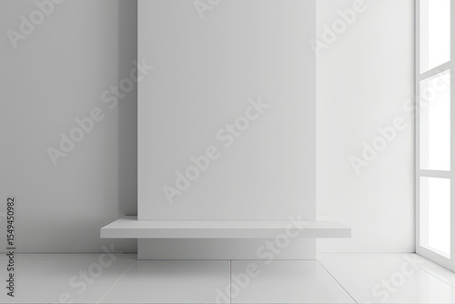 Premium Quality Image of Empty Booth Mockup with White Wall and White Floor 3D Rendering