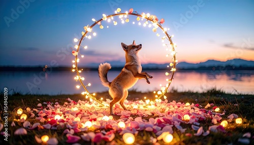 Cute Animal Dancing in Luminous Petals Under Twilight