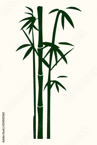 Minimilist illustration of three bamboo stalks with leaves in dark green against a light background, simple design vector