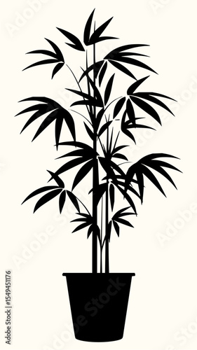 Minimilist silhouette of a bamboo plant in a pot with several stalks and leaves against a light background color vector