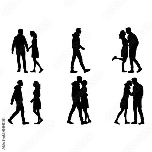 Silhouette of Love: A tender collection of silhouette figures capturing moments of love and togetherness, featuring couples walking, embracing, and sharing kisses.