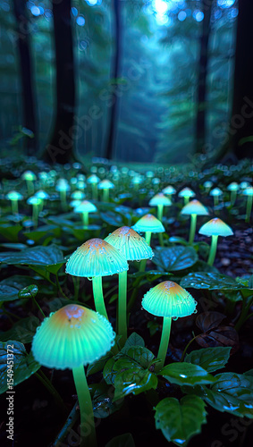 Glowing Teal Mushrooms Forest Floor Dark Green Leaves Night Scene Mobile Wallpaper fungus