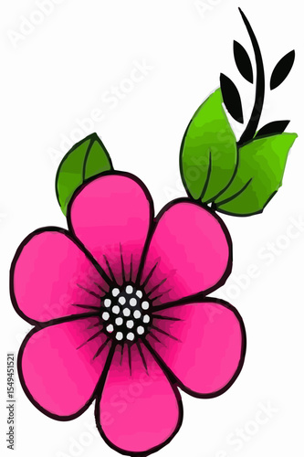A stylized illustration of a vibrant pink flower with five petals and green leaves. The artwork features bold black outlines and is isolated on a white background.