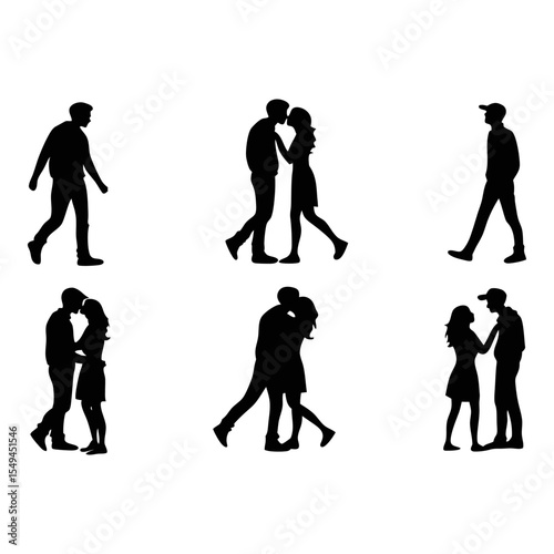 Silhouette Moments: Captured in a captivating arrangement, silhouettes of a man and a woman in various intimate embraces and casual strides, offering a timeless depiction of human connection.