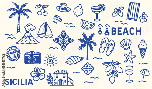 sicilian line art illustrations – mediterranean travel icons and food sketches