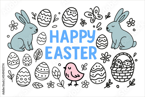 Easter doodle with happy bunnies, decorated eggs, spring flowers, cute chick, easter basket, hand-drawn style, cartoon animals, festive vector, pastel holiday illustration