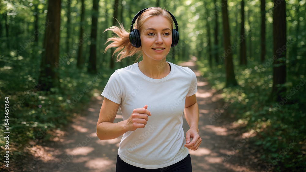 Smiling young woman jogging through green forest trail while listening to music in headphones. Outdoor fitness and healthy lifestyle in nature. Summer energy. Smiling young woman jogging through green forest trail while listening to music in headphones. Outdoor fitness and healthy lifestyle in nature. Summer energy.