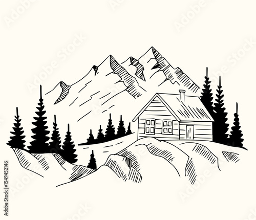 Minimilist illustration of a cabin nestled among pine trees with a backdrop of majestic mountains in a monochrome style vector