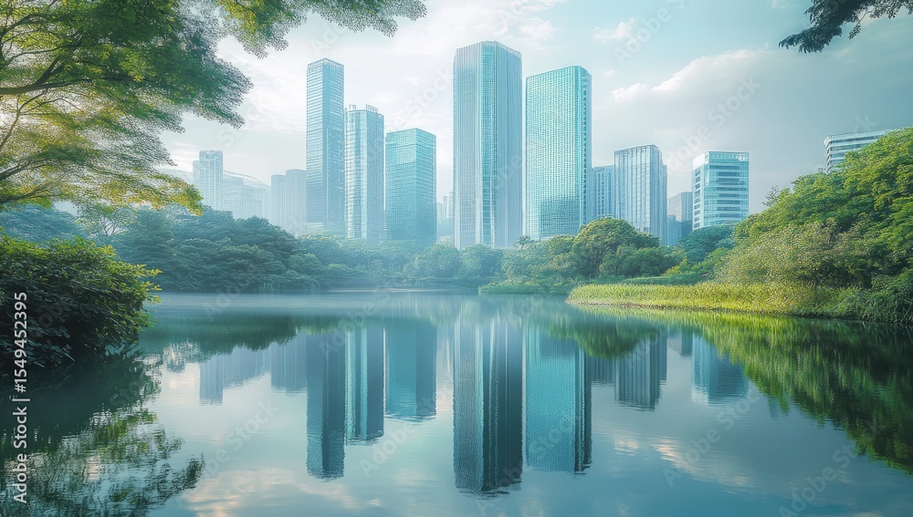 Obraz premium Urban park with glassy skyscrapers reflected in a serene lake