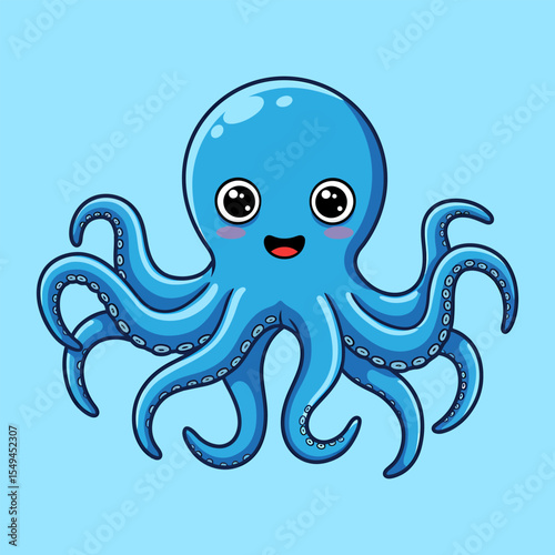 Adorable Cartoon Octopus with Big Eyes and a Cheerful Smile Floating Serenely on a Tranquil Blue Background