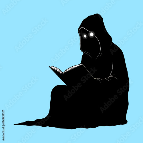 A Mysterious Figure Cloaked in Shadow Engrossed in Reading Against a Serene Blue Canvas of Solitude and Enigmatic Learning
