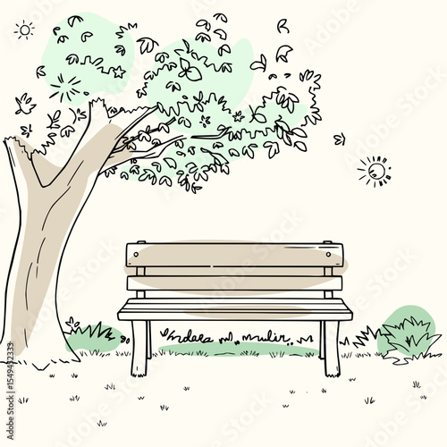 Minimilist illustration of a park bench under a tree with leaves and a sun in the background on a light day scene vector