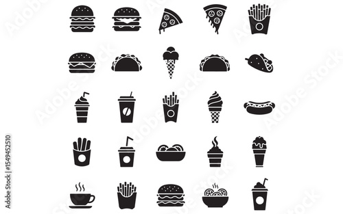 Fast Food Icon Set – Vector Silhouette Icons of Burger, Pizza, Hot Dog, Donut, Fries, Soda & More