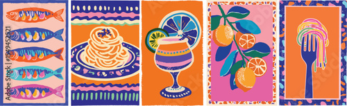 Summer mediterranean bright colourful absract food vector illustration