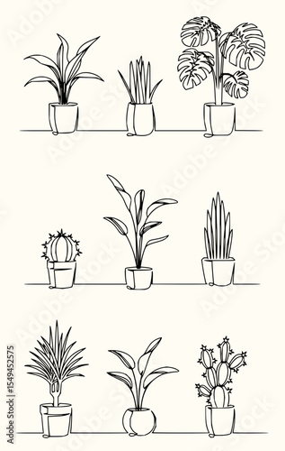 Minimilist line drawing of houseplants in pots arranged in rows showcasing various plant species and pot designs vector