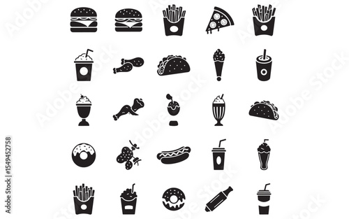 Fast Food Icon Set – Vector Silhouette Icons of Burger, Pizza, Hot Dog, Donut, Fries, Soda & More