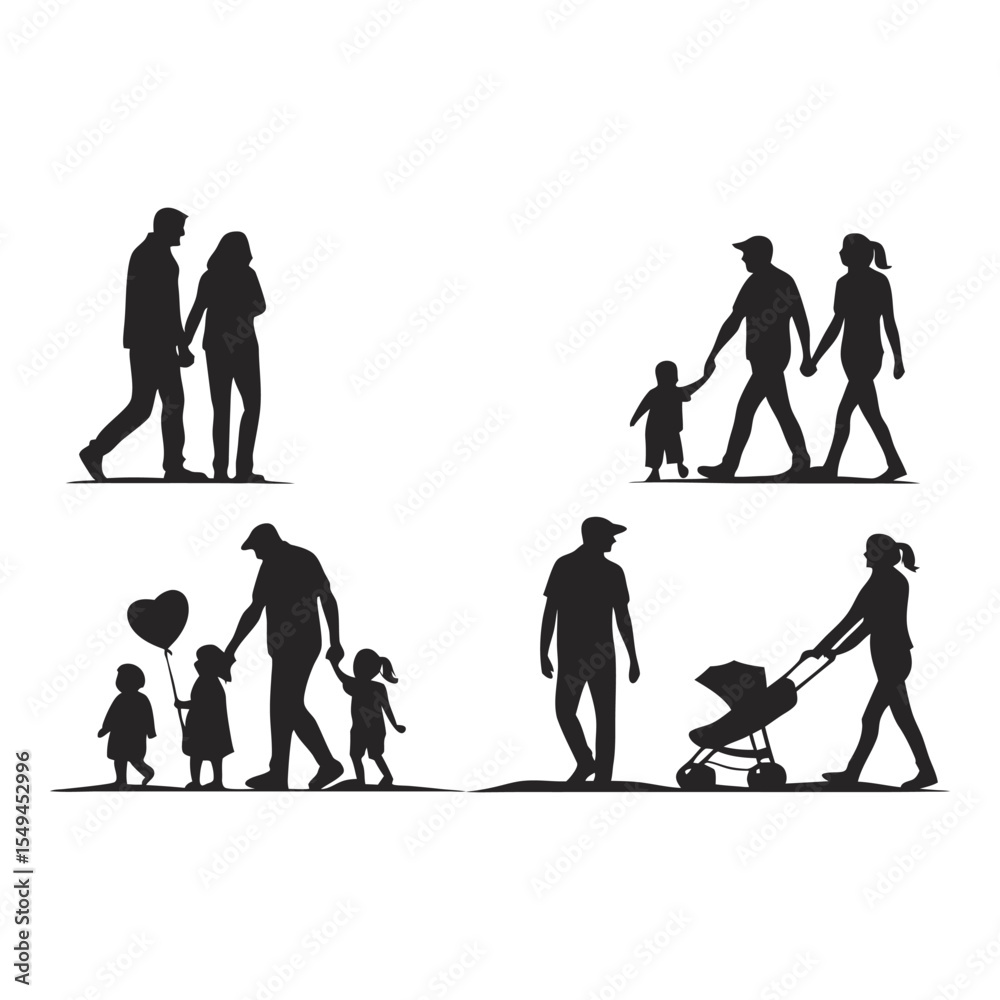 Fototapeta premium Family Silhouette Collection: A diverse collection of family silhouettes capturing tender moments of parenthood and togetherness, each silhouette conveys the warmth of family connection.