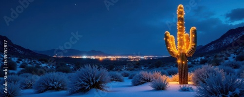 Snow-dusted saguaro cactus glows with white Christmas lights in a desert night , winter wonderland, botany