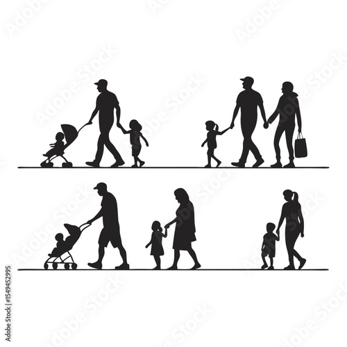 Family silhouettes in outdoor: Capturing the bond of parenthood, these black silhouettes depict families strolling outdoors, celebrating the simplicity and affection of family life.
