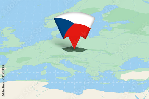 Czech Republic Highlighted on Europe Map with Flag Icon.